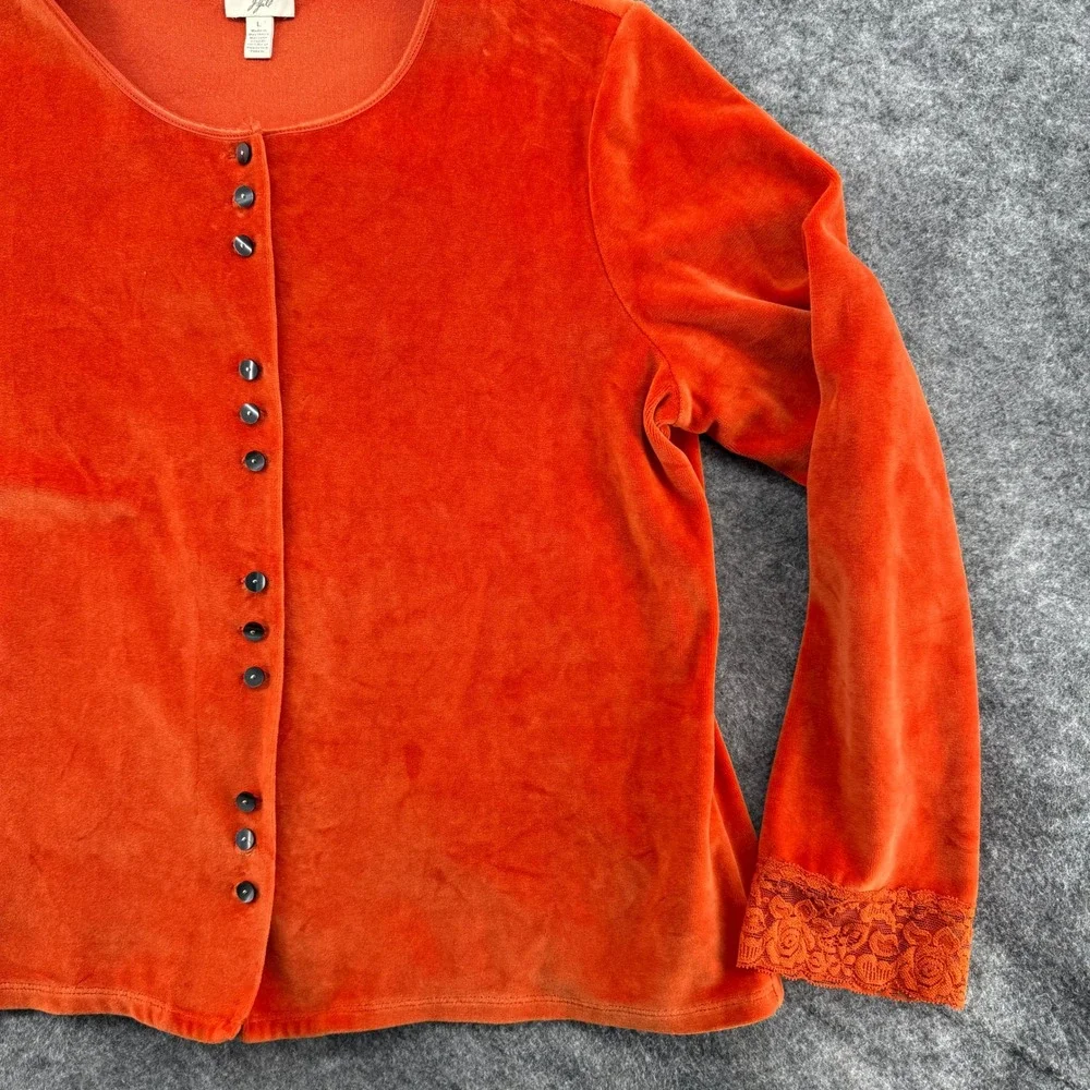 J. Jill Velour Cardigan Womens Large Orange Lace Velvet Trim Button Front Cotton - Picture 4 of 16